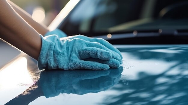 Foto mano humana mostrando limpiar y lavar el coche