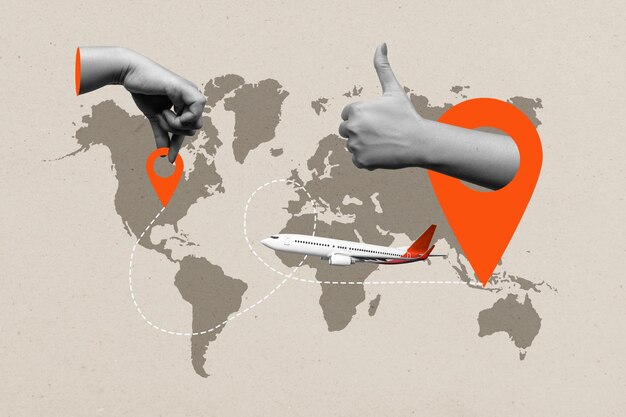 La mano humana pone un alfiler de ubicación en el mapa del mundo con un avión volador y un gesto de pulgar hacia arriba en un fondo de color