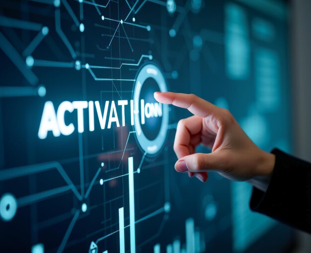 la mano humana presiona un botón virtual con la activación de la inscripción