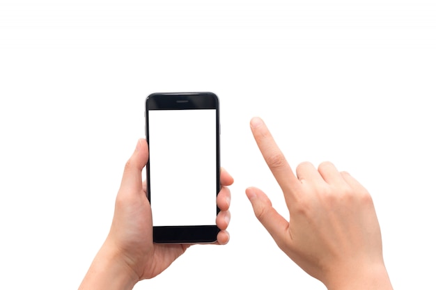 Mano humana que sostiene el teléfono elegante con la pantalla en blanco aislada en el fondo blanco.