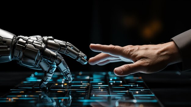 La mano humana y el robot están a punto de tocar una interfaz futurista