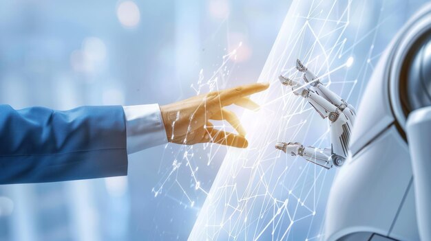 La mano humana y el robot se extienden a través de la interfaz digital
