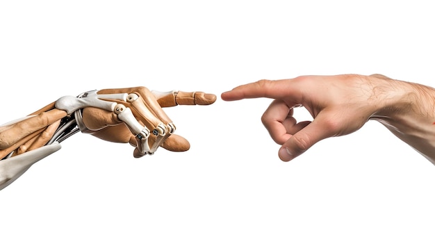 Mano humana y robótica a punto de tocar representando la interacción humana con la IA Una interpretación moderna de la Creación de Adán La tecnología se encuentra con la humanidad AI