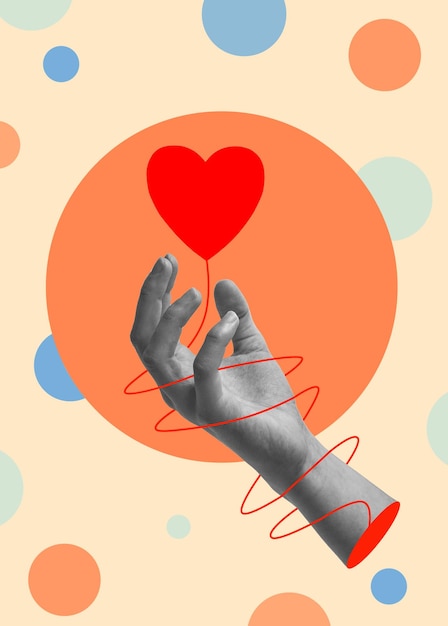 Mano humana sosteniendo un corazón rojo en un fondo colorido con círculosCollage de arte