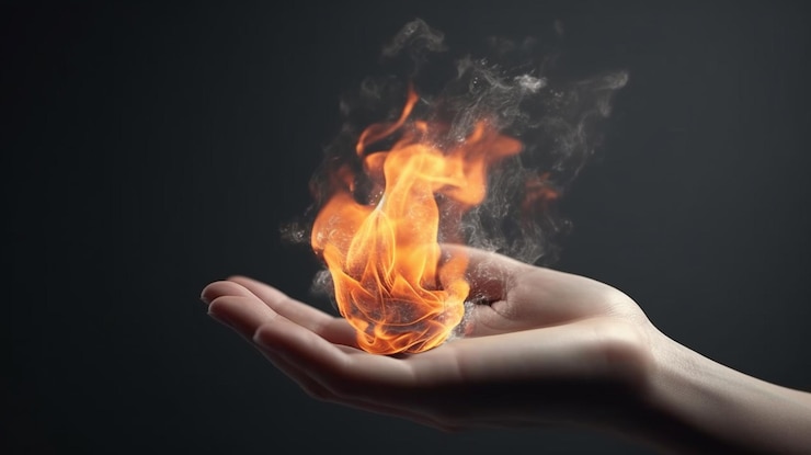 Mano humana sosteniendo fuego sobre fondo oscuro generativo ai