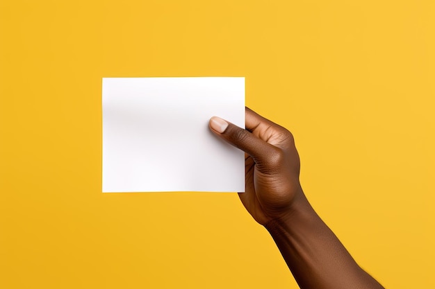 Una mano humana sosteniendo una hoja en blanco de papel blanco o una tarjeta aislada en un fondo amarillo