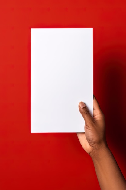 Una mano humana sosteniendo una hoja en blanco de papel blanco o una tarjeta aislada en un fondo rojo