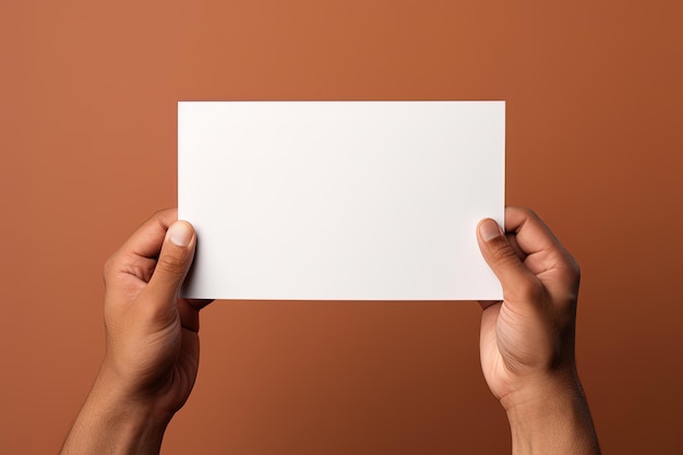 Una mano humana sosteniendo una hoja en blanco de papel blanco o tarjeta aislada sobre un fondo marrón