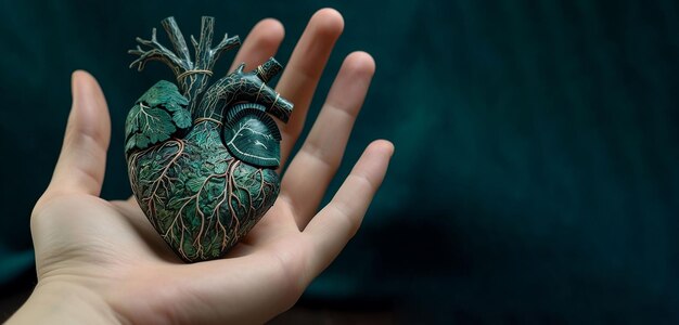 mano humana sosteniendo un órgano vascular o un corazón artificial en el espacio de copia manual