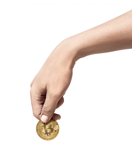 Mano humana sosteniendo oro bitcoin