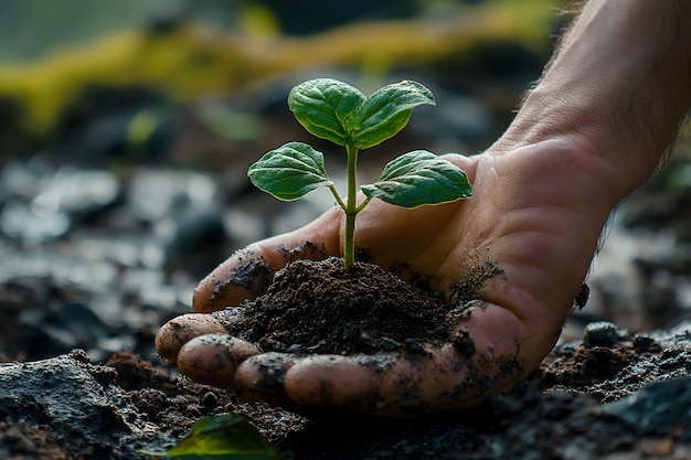 La mano humana sosteniendo una planta joven en un suelo fértil que simboliza el crecimiento y la ecología