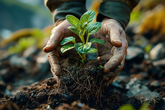 La mano humana sosteniendo una planta joven en un suelo fértil que simboliza el crecimiento y la ecología