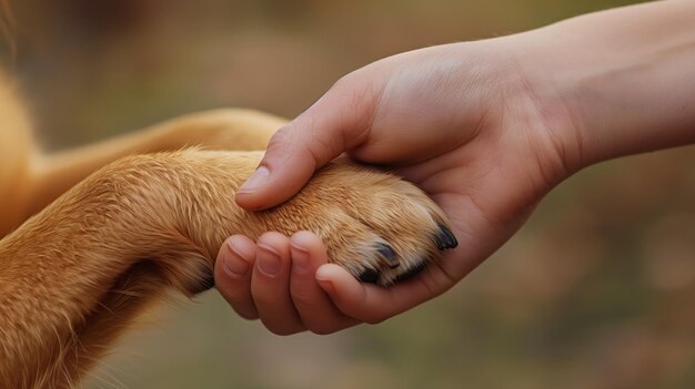 Una mano humana sosteniendo suavemente una pata de perro