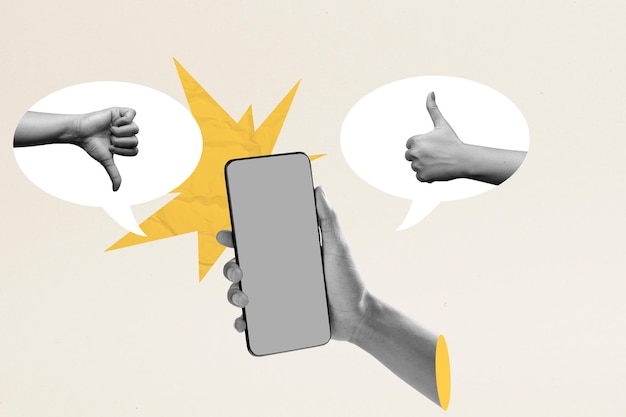 Una mano humana sosteniendo un teléfono móvil con dos lados entre el pulgar hacia arriba y hacia abajo gestos en un fondo de color