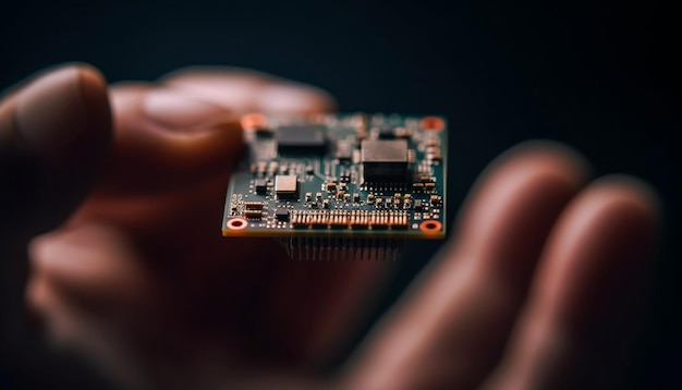 La mano humana sostiene un chip de computadora soldado que repara la placa base generada por AI