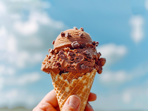 Foto la mano humana sostiene un cono de helado de chocolate con fondo de cielo azul generado por la ia