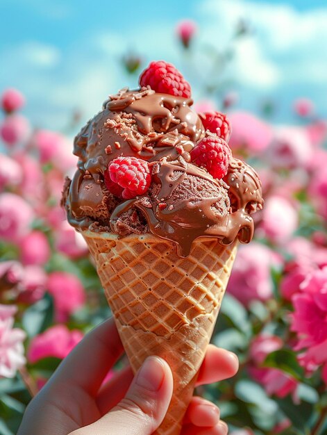 La mano humana sostiene un cono de helado de chocolate con fondo de cielo azul generado por la IA