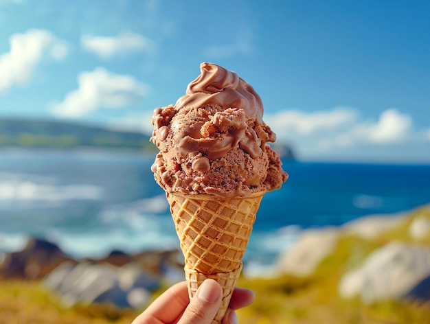 La mano humana sostiene un cono de helado de chocolate con fondo de cielo azul generado por la IA