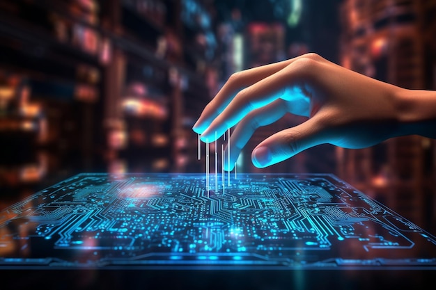 Foto mano humana tocando la cpu con microcircuito en fondo oscuro generado por ai