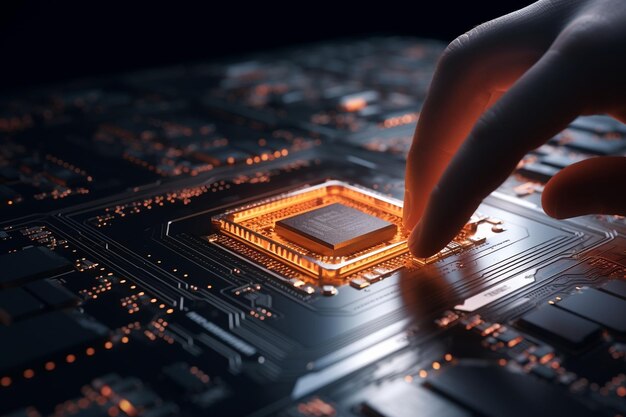 Foto mano humana tocando la cpu con microcircuito en fondo oscuro generado por ai