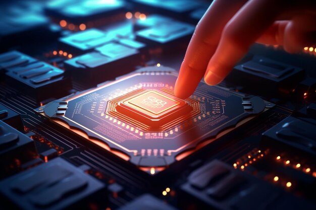 Foto mano humana tocando la cpu con microcircuito en fondo oscuro generado por ai