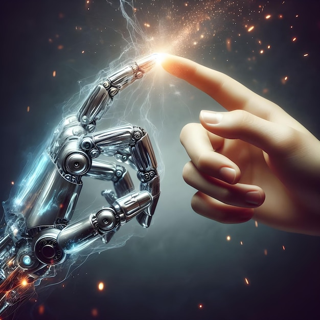 Foto la mano humana tocando un dedo robótico con chispas visibles de conexión