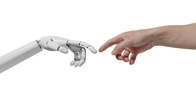 Mano humana tocando una mano robótica como en la pintura El concepto de IA de la creación de Adán