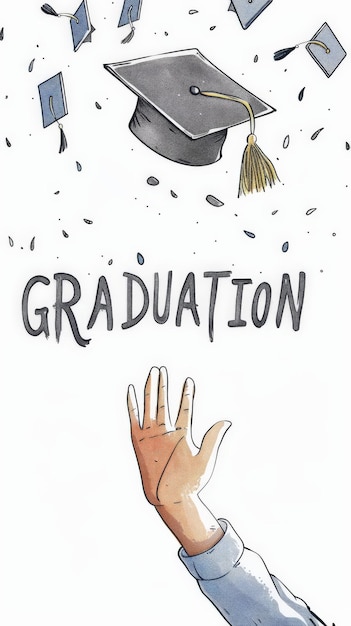 Mano ilustrada alcanzando una gorra que cae con GRADUATION en el fondo