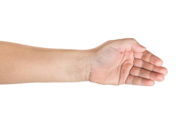 Foto mano infantil abierta aislada en un fondo blanco