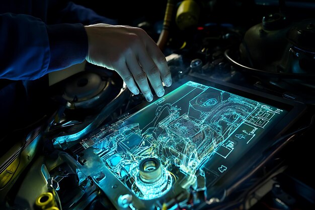Una mano interactuando con una proyección holográfica de un motor