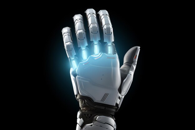 mano izquierda blanca y gris de un robot sobre un fondo negro