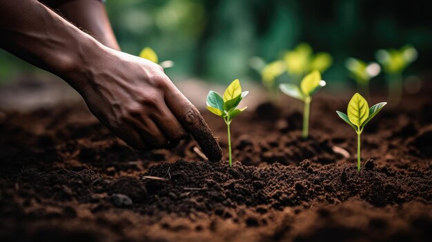 La mano del jardinero plantando plántulas en el suelo.