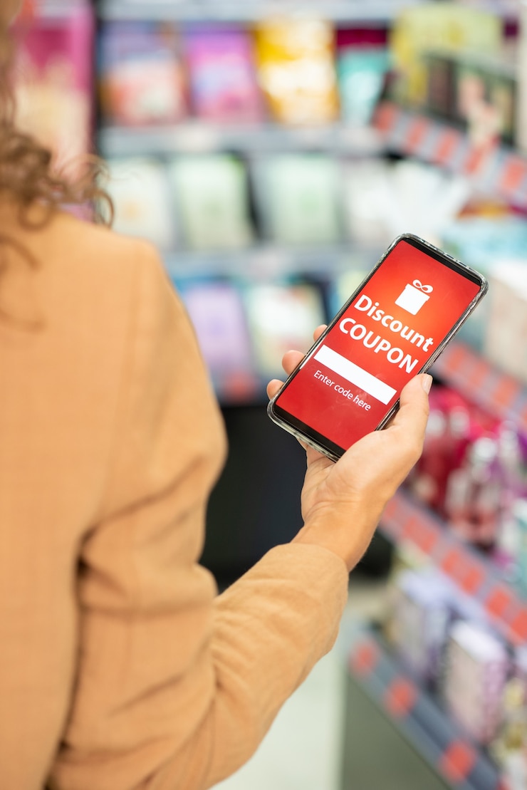 Foto mano de joven adicta a las compras elegante que sostiene el teléfono inteligente con un cupón de descuento rojo mientras está de pie junto a una gran pantalla con varios productos de belleza
