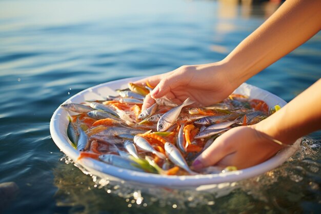 Foto la mano de una joven blanca alimentando peces tropicales en el mar egeo