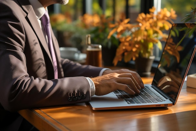 Mano de un joven hombre de negocios con traje Escribiendo detalles en las teclas del teclado sobre la publicidad comercial en un restaurante