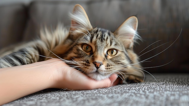 La mano jugando con el Gato en un sofá