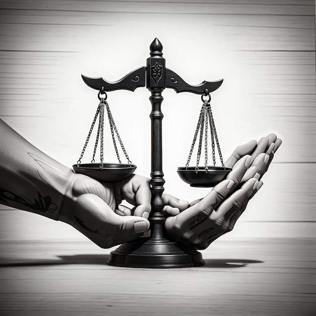 Foto la mano de la justicia sosteniendo la balanza tinta dibujo en blanco y negro