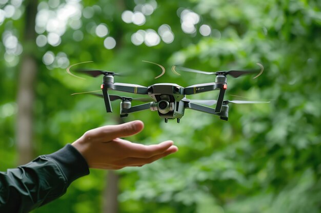 La mano lanza un avión no tripulado en un bosque verde