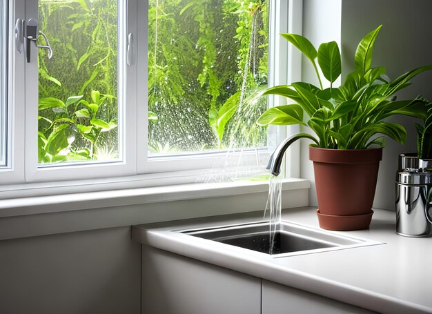 La mano con la lata de agua regando las plantas de interior en el alféizar de la ventana