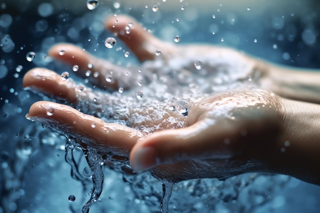 Foto una mano se está lavando en un agua azul