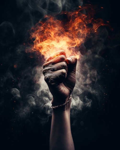 Una mano se levanta con fuego en el fondo oscuro.