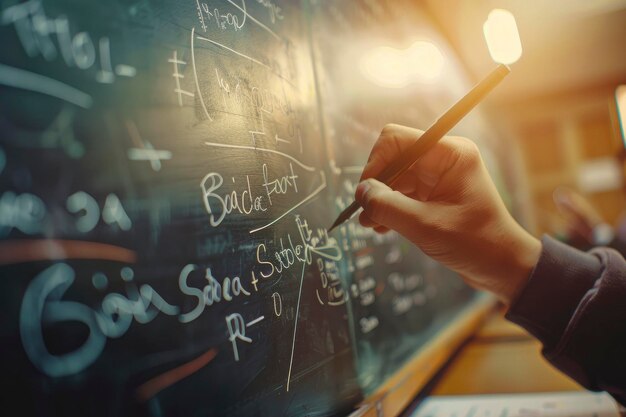 La mano de un maestro escribiendo ecuaciones en una pizarra en un aula