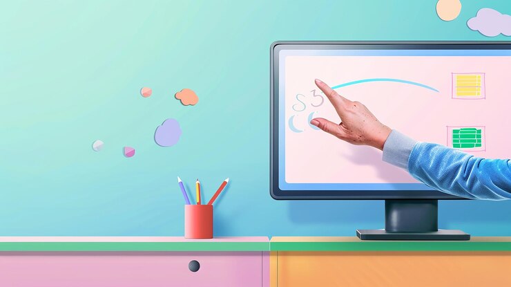 Foto la mano de los maestros usando una pizarra interactiva