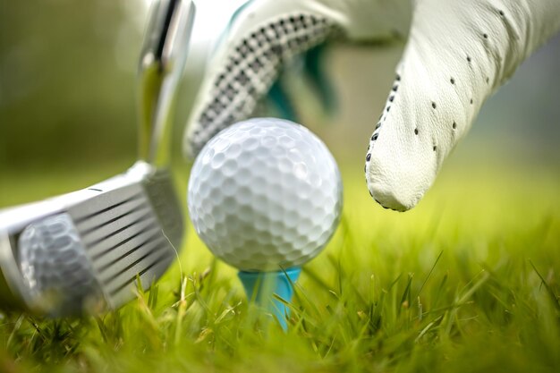 Mano a mano colocando una pelota de golf en el tee