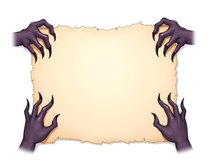 mano con una mano púrpura y un papel marrón bandera de Halloween con manos de bruja monstruo