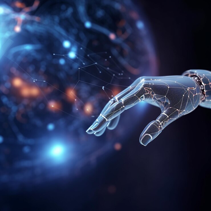Una mano con una mano robótica que tiene un fondo azul y las palabras robot.