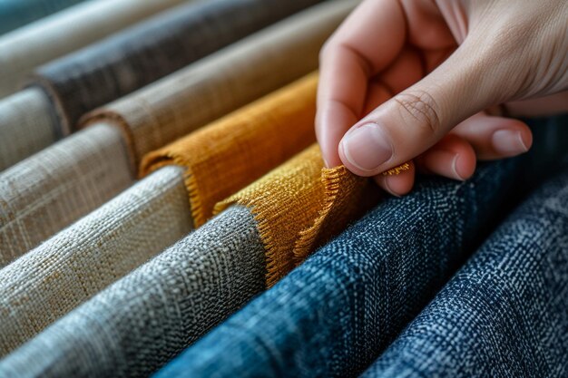 Foto mano masculina apunta a la perfecta colorida en la paleta de tela para la renovación sofá o silla patrones de telas de tapicería