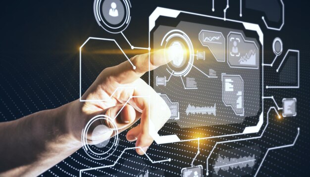Mano masculina apuntando a una interfaz de seguridad de huellas dactilares brillantes en fondo oscuro Protección web futuro y concepto de seguridad Doble exposición