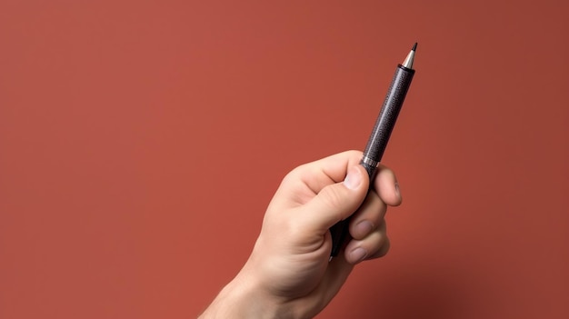 Mano masculina escribiendo en un cuaderno con un bolígrafo negro sobre una mesa de madera IA generativa