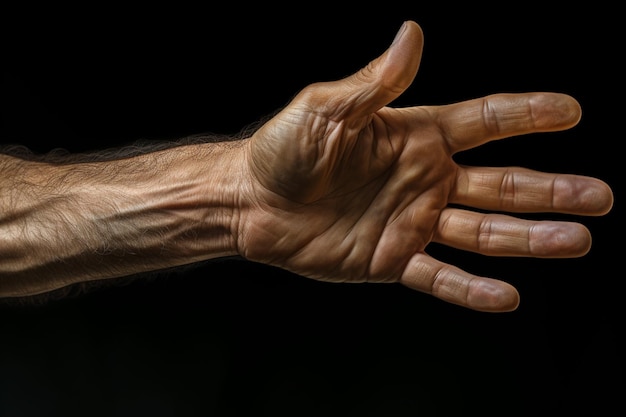 Foto mano masculina en fondo negro primer plano de la mano humana haciendo gestos